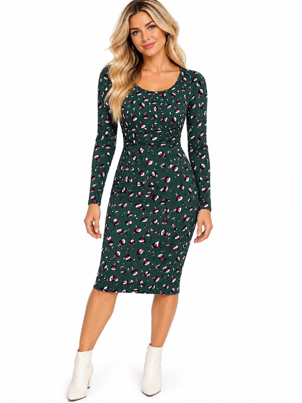 Boden Size 6L Green Long-Sleeve Printed Midi Dress with Pink Accents